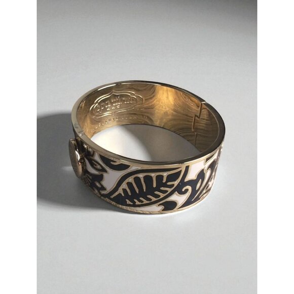 Spartina 449 Gold Tone Black & White Enamel Hinged Bangle Bracelet 2.3" Inside D - Picture 2 of 2